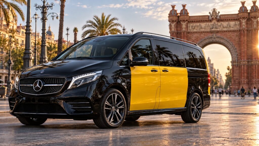 Black and yellow Mercedes V-Class taxi van at the Arc de Triomf, Barcelona
