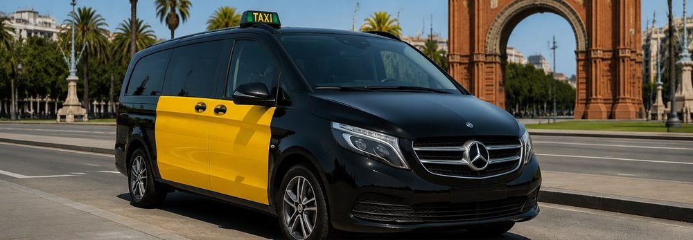 Black and yellow Mercedes V-Class taxi van beside the Arc de Triomf in Barcelona
