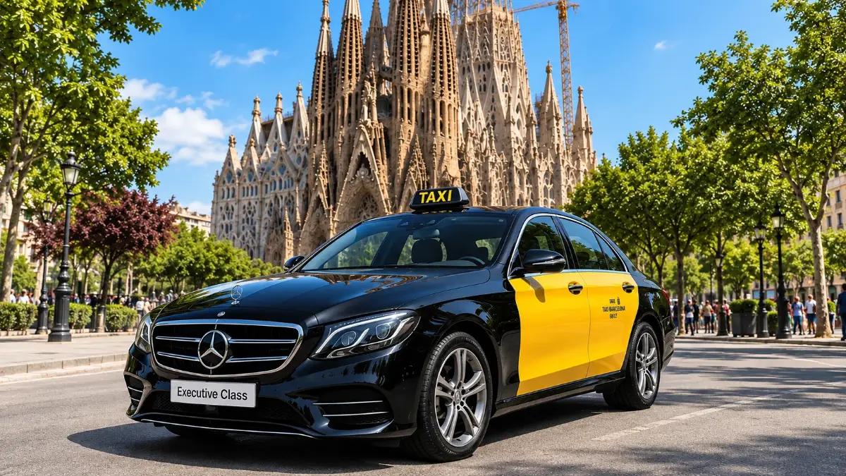 Taxi oficial negre i groc de Barcelona, un Mercedes Classe Executive, davant de la Sagrada Família