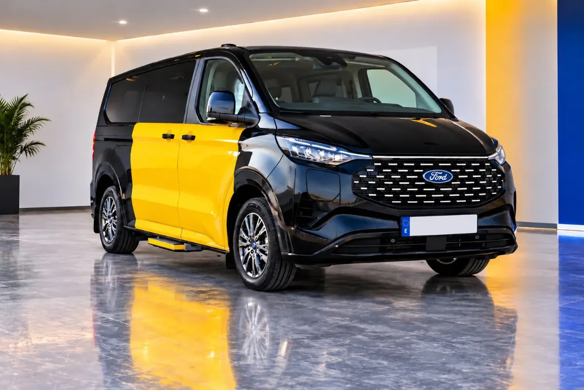 Furgoneta taxi Ford Tourneo Custom de 9 places negra i groga a Barcelona