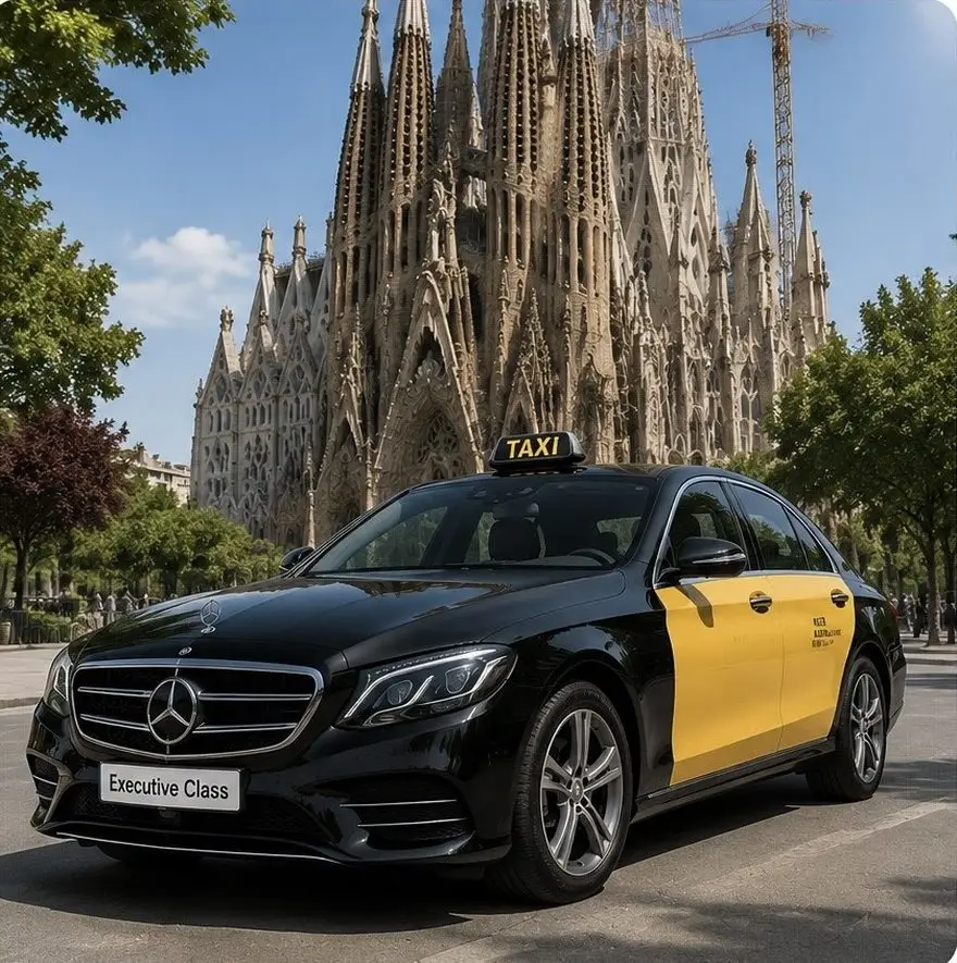 Official black and yellow Barcelona taxi, a Mercedes Executive Class, in front of the Sagrada Familia