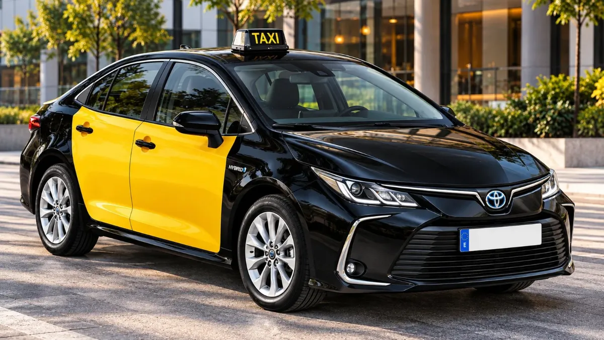 Taxi Toyota Corolla Hybrid negre i groc a Barcelona