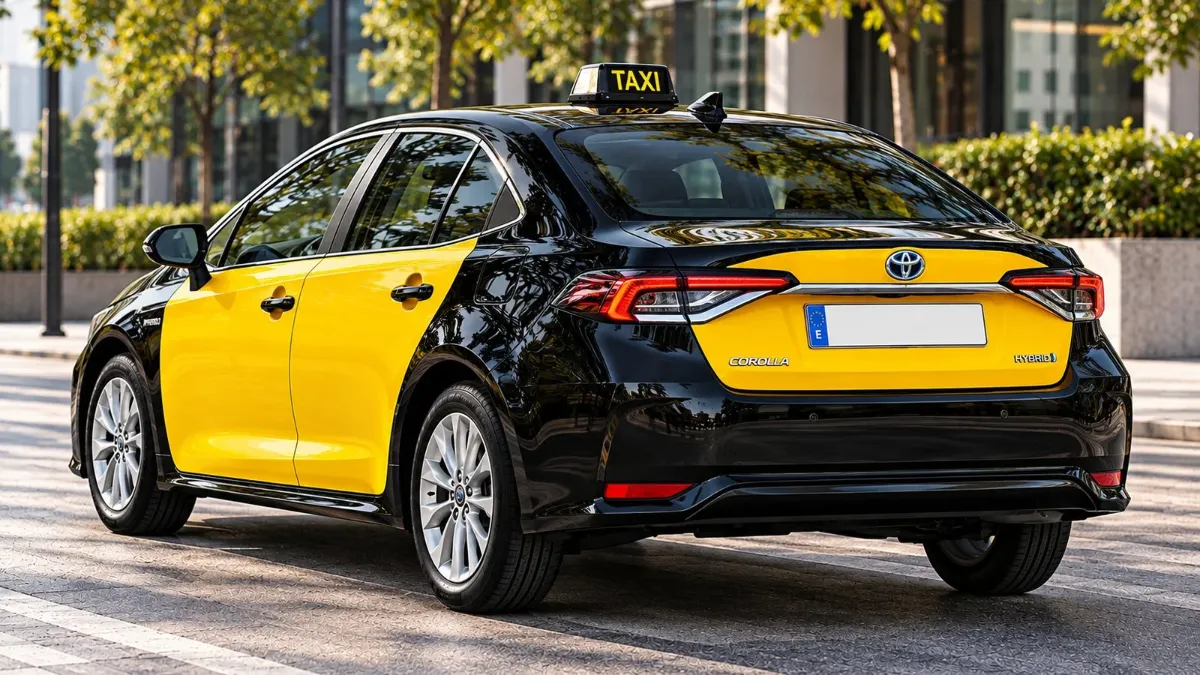 Vista del darrere del taxi Toyota Corolla Hybrid